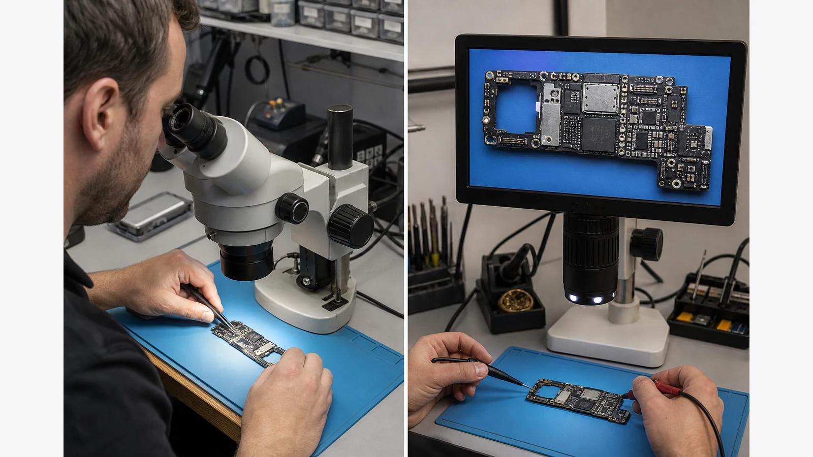 Side-by-side concept of stereo eyepiece viewing versus upright digital screen viewing on an electronics repair bench