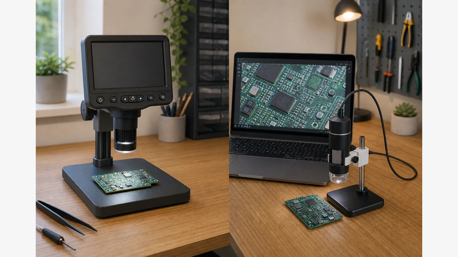 Comparison scene of a standalone LCD digital microscope and a USB microscope connected to a laptop