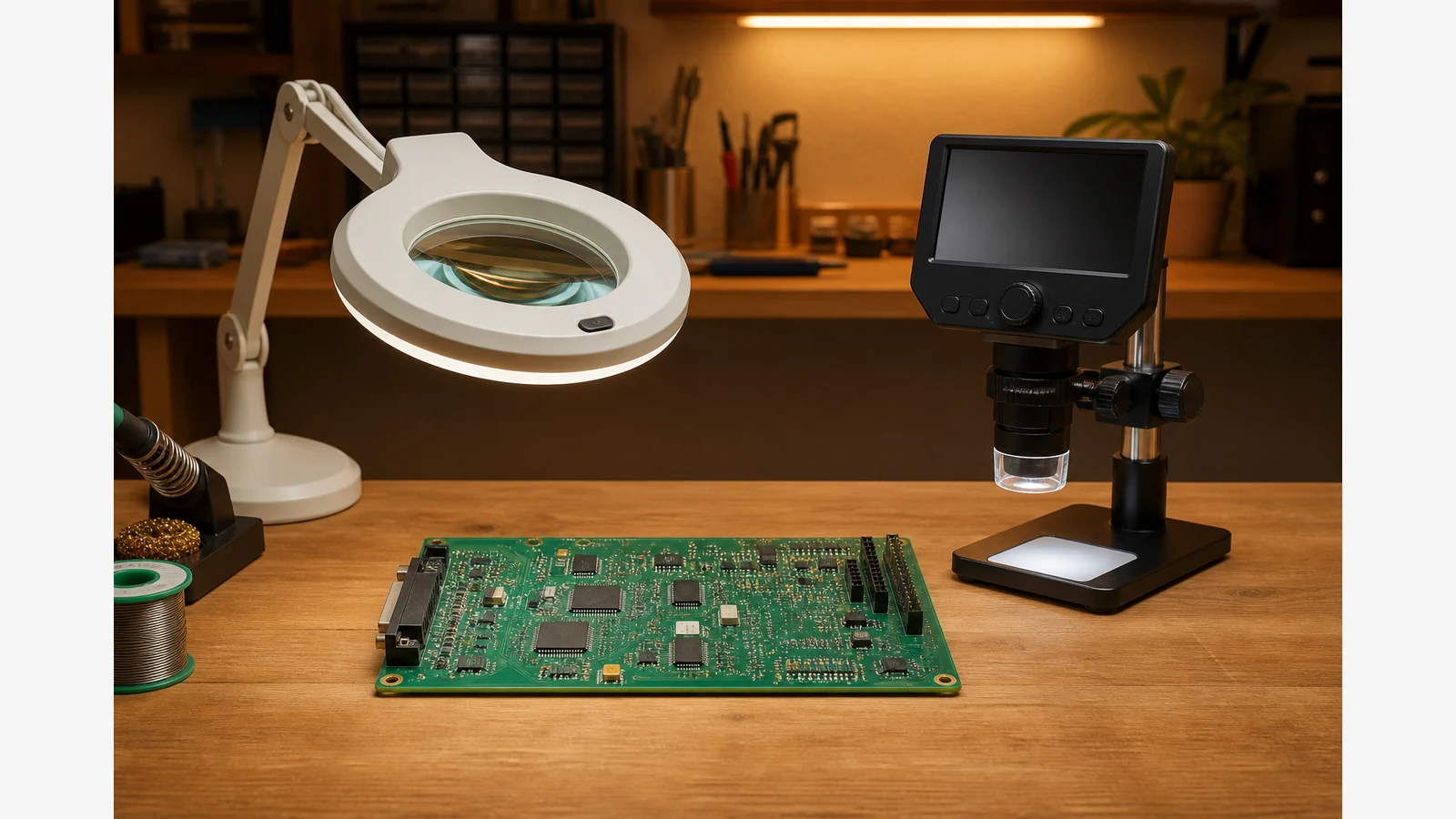 Magnifier lamp and digital microscope screen compared on a soldering hobby bench