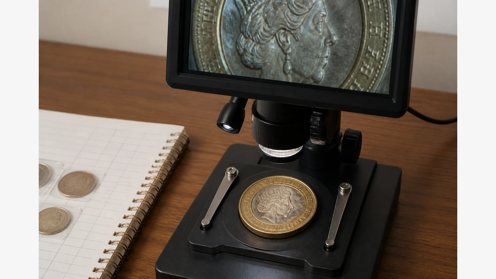 British coin under a digital microscope with angled lighting for detail photography