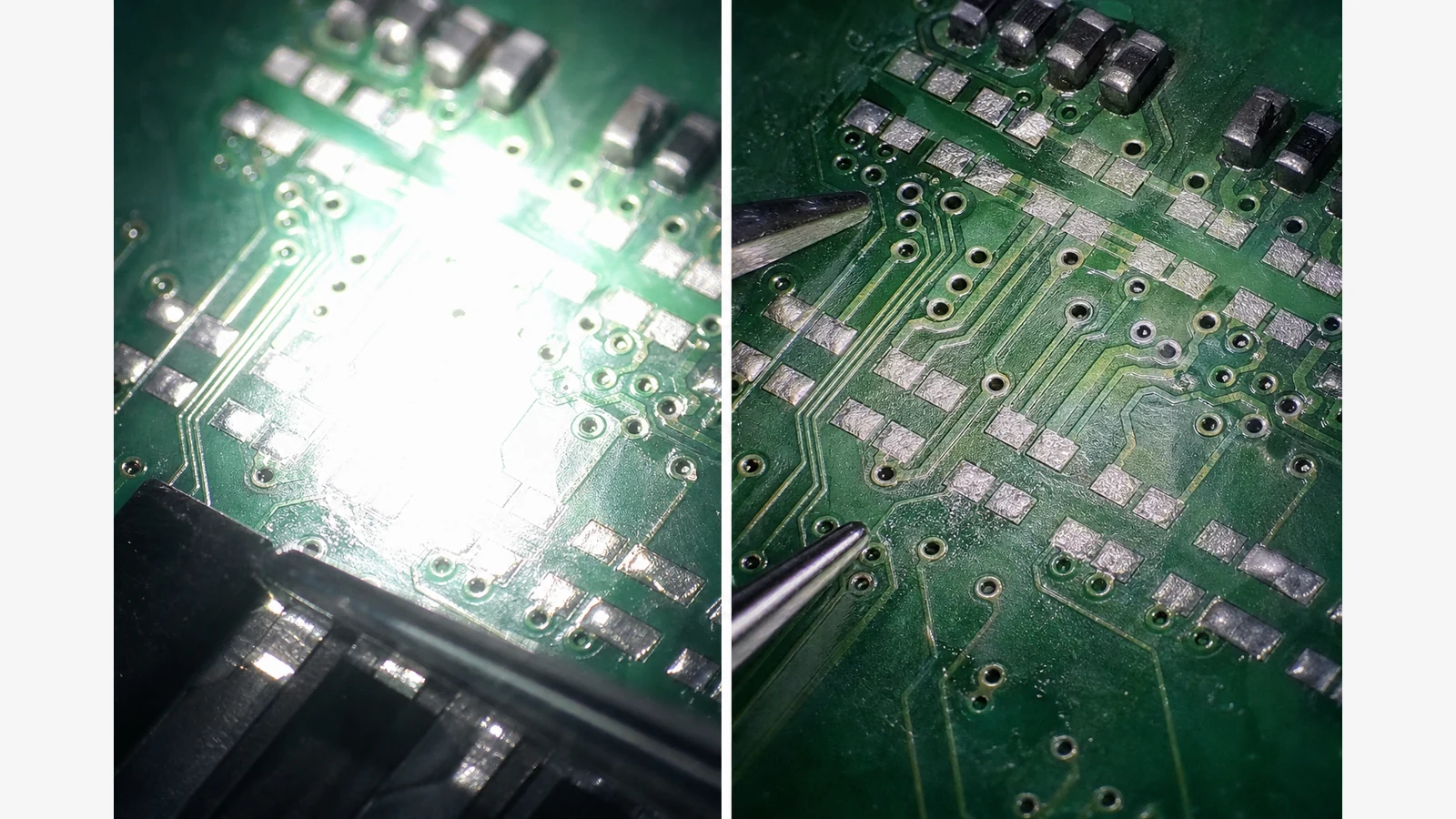 PCB under microscope lighting showing glare reduction when side LEDs are angled away from a direct hotspot