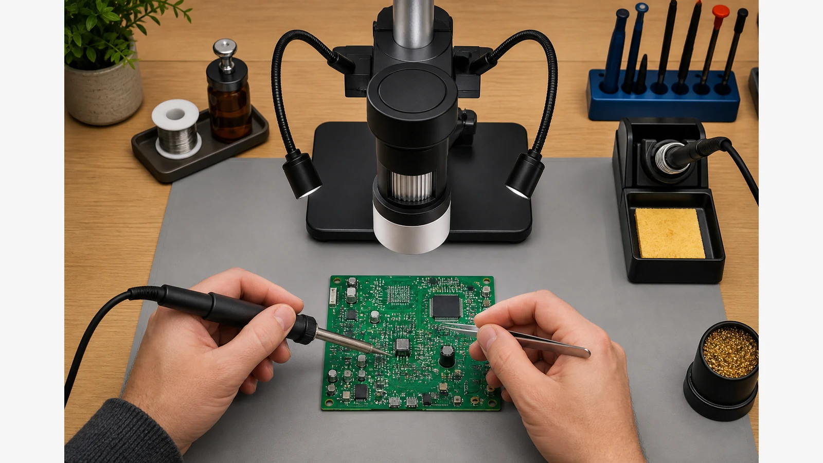 Soldering iron and tweezers positioned under a digital microscope stand with visible working clearance above a PCB